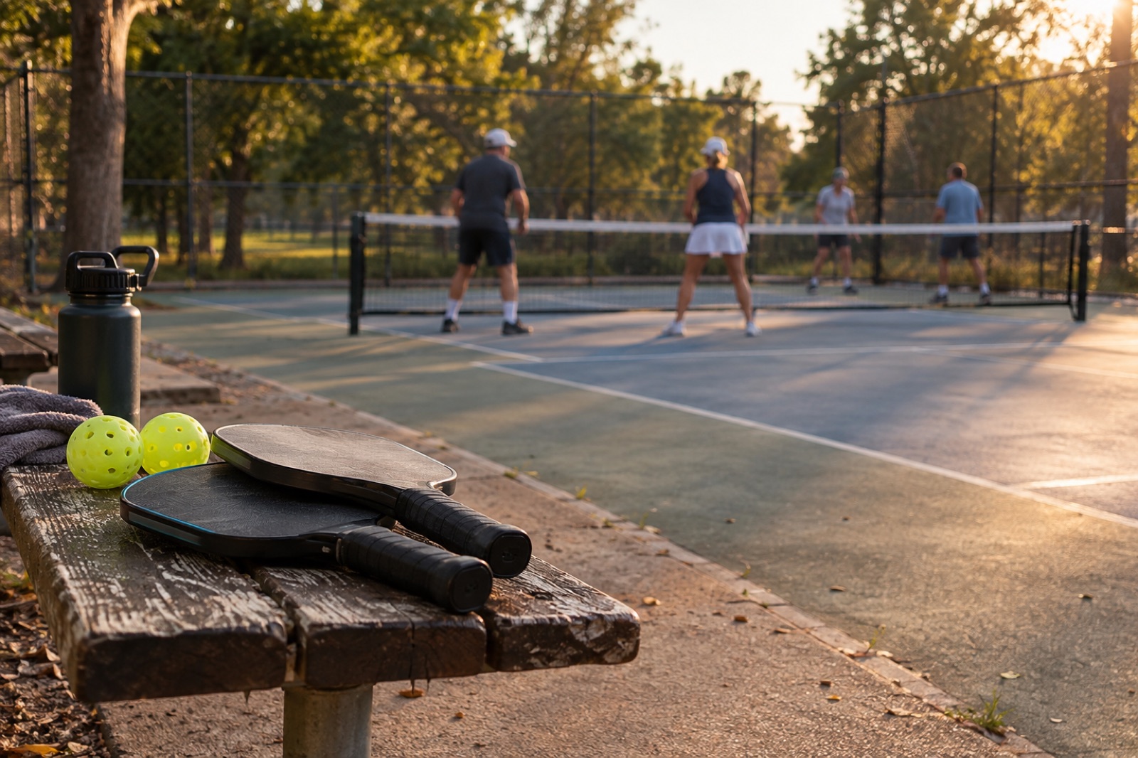 Paddles on a bench beside a pickleball court