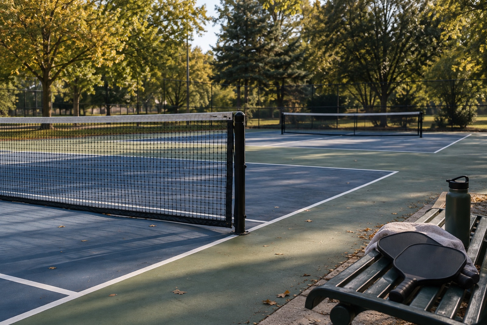 Pickleball courts with a net and paddles on a bench on a quiet afternoon