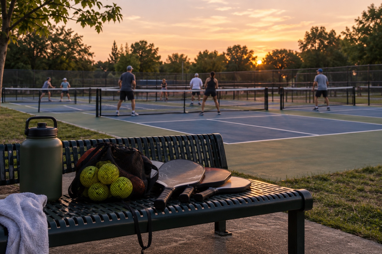 A bench with paddles and a water jug beside pickleball courts, players far away