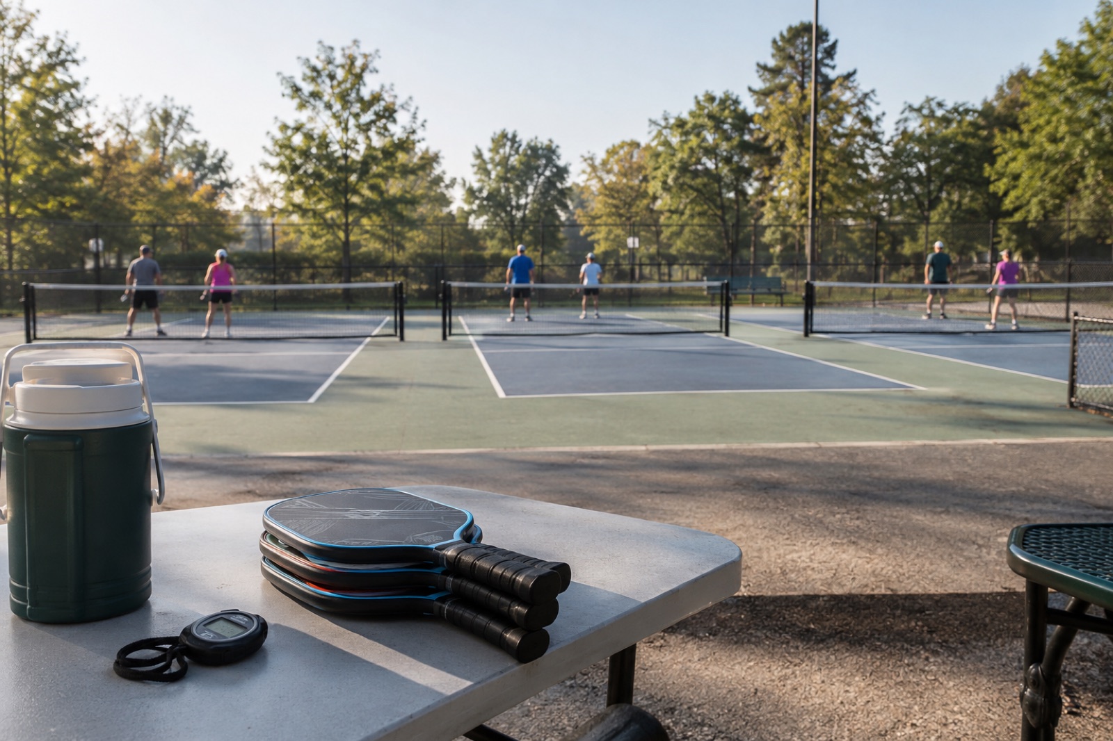 Pickleball players far away on a court with a paddle bag and water bottles on a bench in front