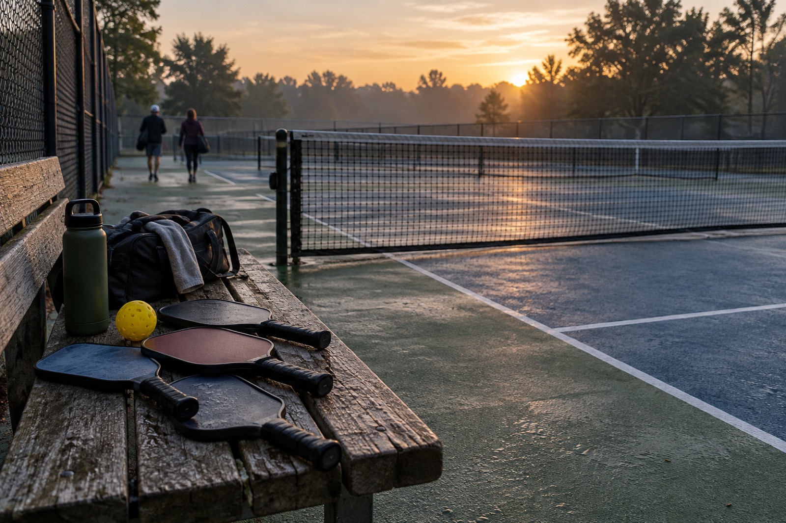 Four paddles and a ball on a bench beside an empty pickleball court at sunrise