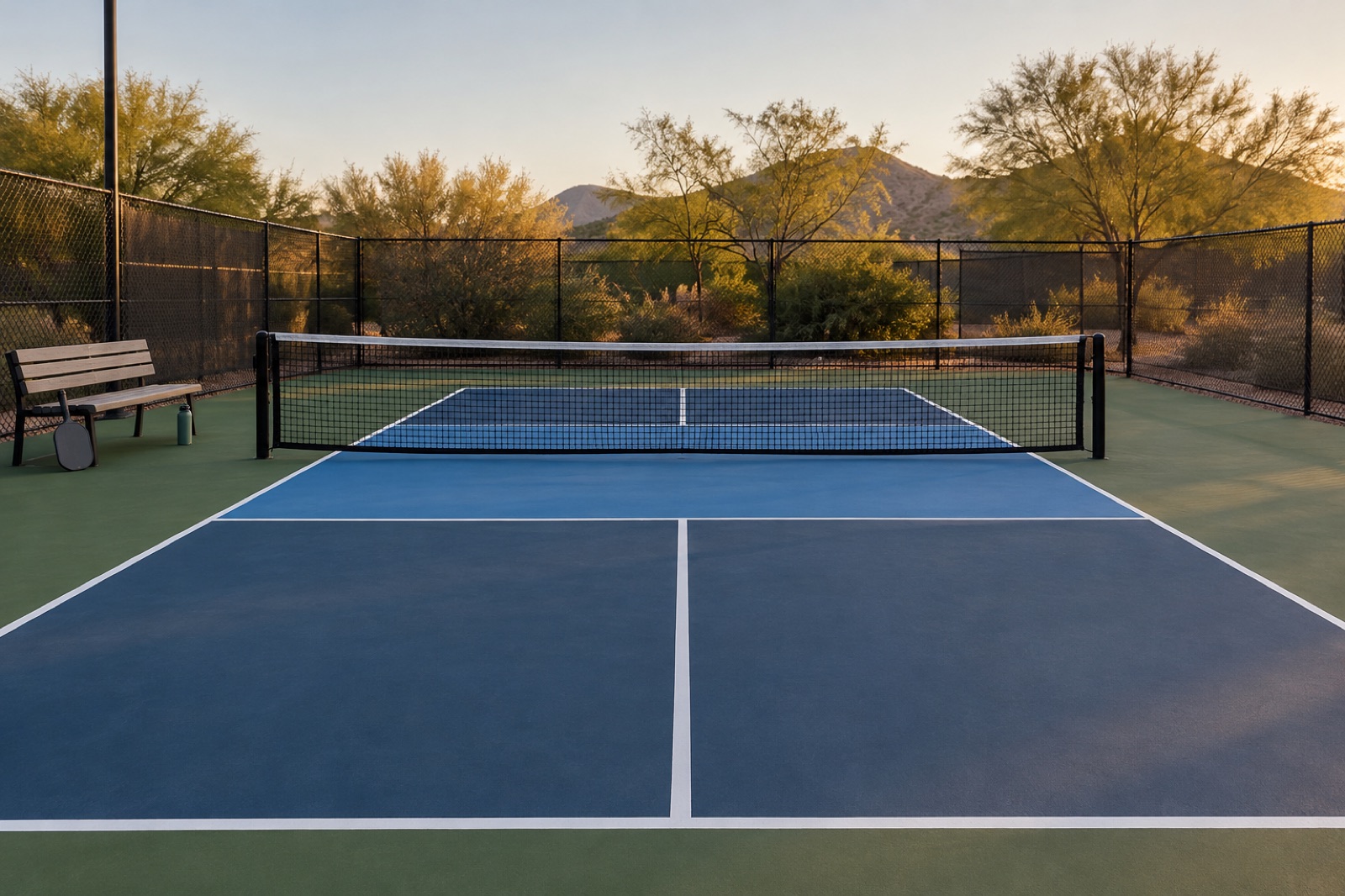A pickleball court with a net and painted lines, seen from behind the baseline