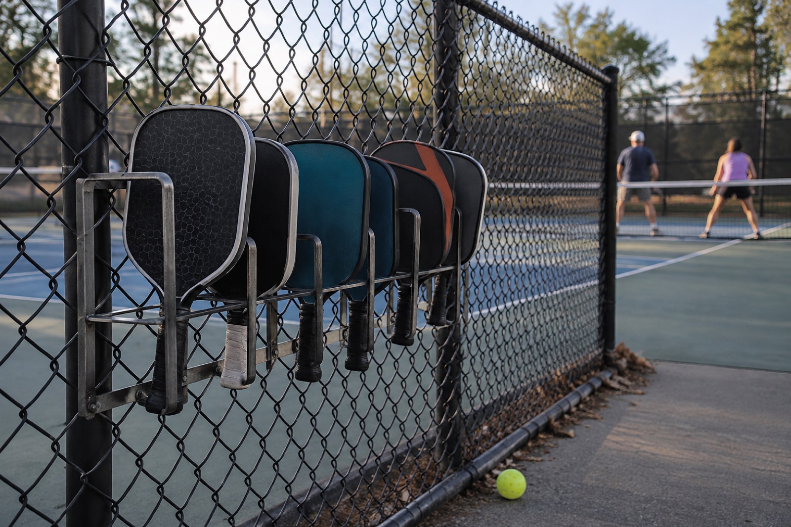 Paddles lined up in a rack on a fence beside pickleball courts