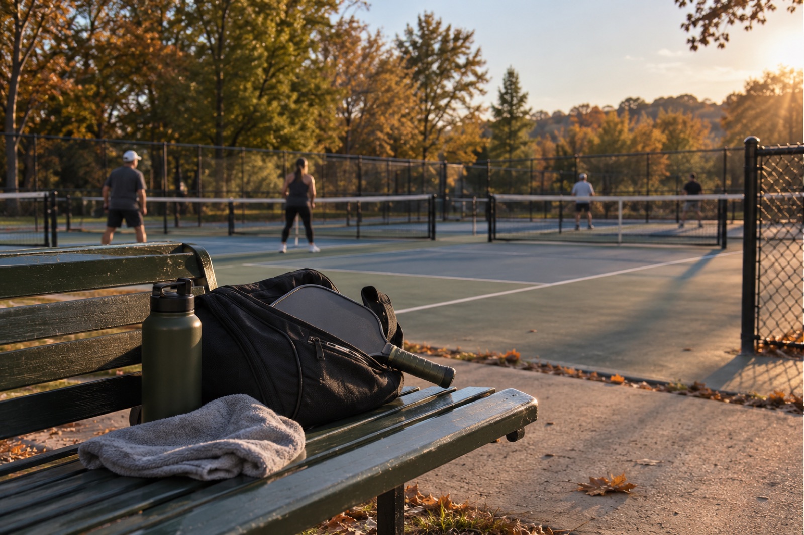 Pickleball courts in a row with players seen far away from behind