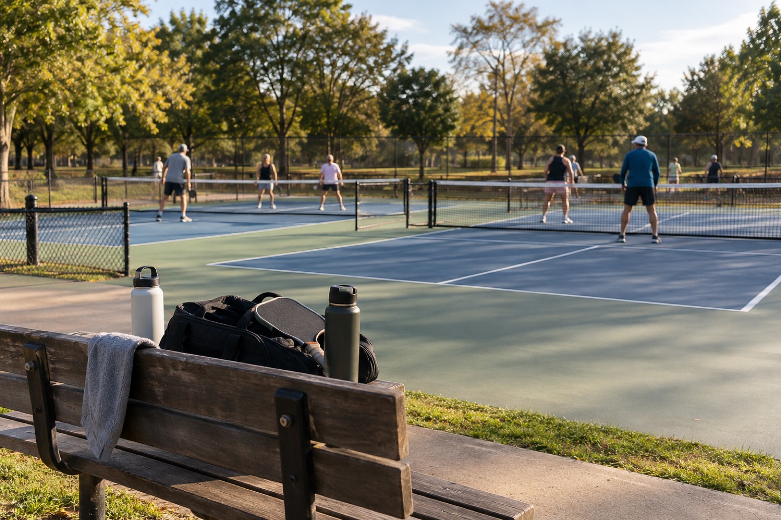Several pickleball courts with players far away and a bag of paddles on a bench