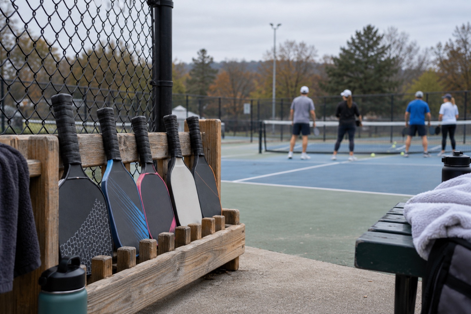 Paddles lined up on a rack beside a pickleball court with players far away